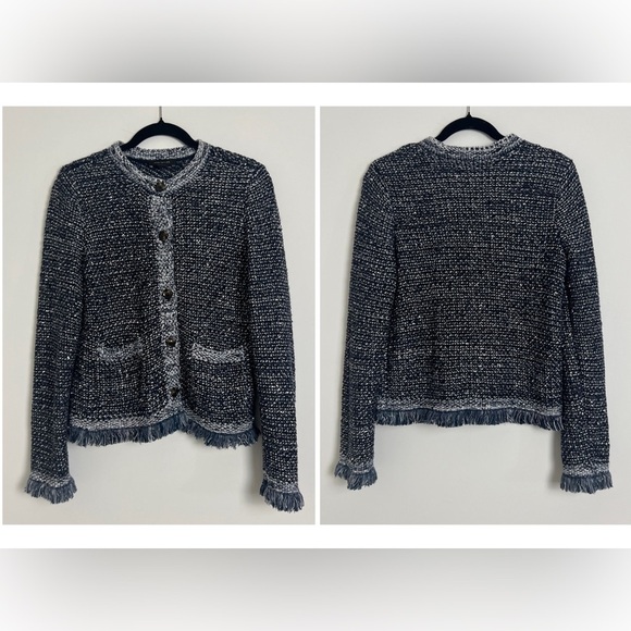 NWOT Ann Taylor Navy Old Money Knit Tweed Button Front Lady Jacket Med - Picture 1 of 12